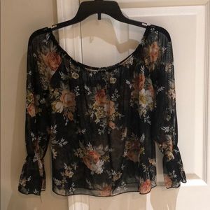 Black Floral mesh shirt with bell bottom sleeve!